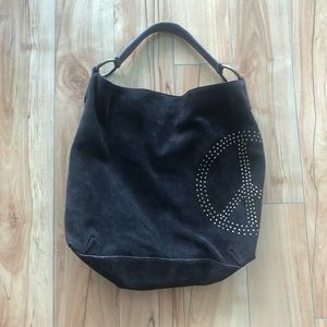 Brown Suede Hobo Peace Sign Shoulder Bag